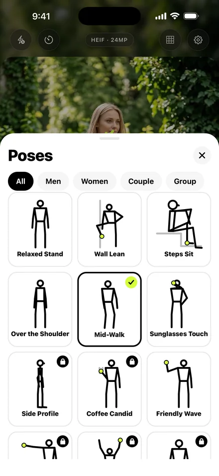 Pose library sheet open over the camera