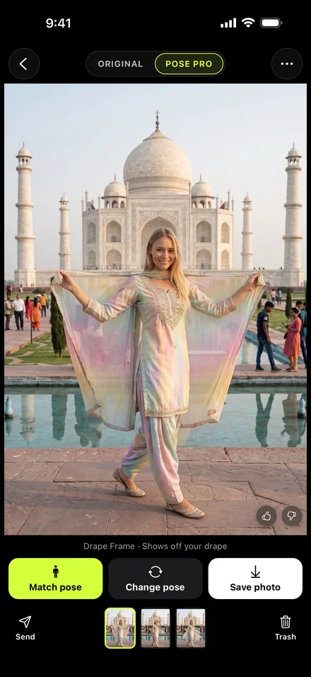 AI results at the Taj Mahal: Drape Frame shown large, thumbnails below
