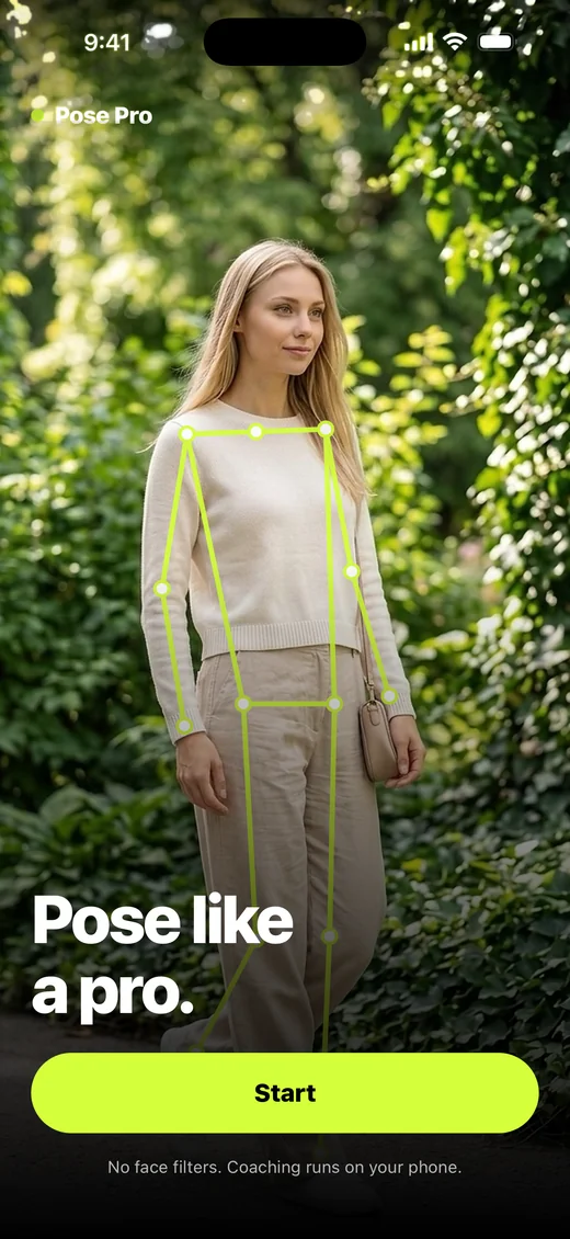 Pose Pro welcome screen: a woman walking in a garden with the live pose skeleton drawn over her