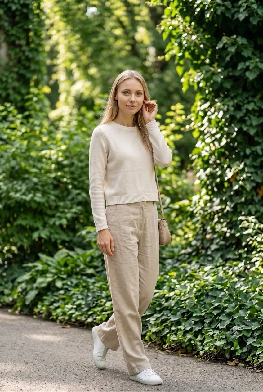 She tucks her hair behind her ear on a garden path