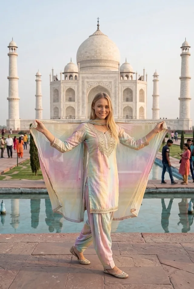 AI pose Drape Frame: she holds her dupatta open behind her shoulders