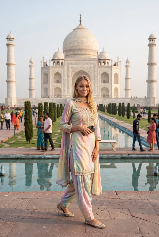 Her original photo: standing in a pastel salwar kameez in front of the Taj Mahal