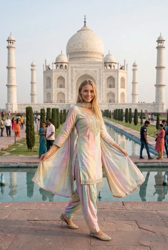 AI pose Skirt Flare: her kurta and dupatta fan out as she steps